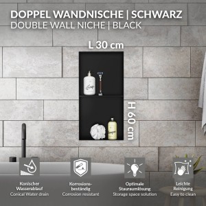 Schwarze LuxeBath Wandnische Doppel, 30x60cm, aus Edelstahl für Dusche. Praktische Duschablage.