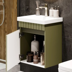 Planetmöbel COSMIA Waschtischunterschrank 50 cm Mintgrün Matt mit Keramikwaschbecken Tür LED Spiegel Armatur Gold Brush Soft Close