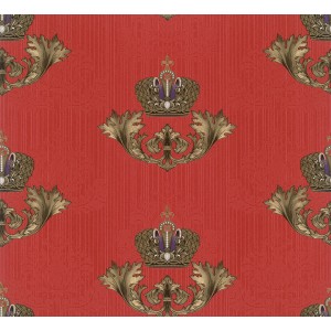 Glööckler Vliestapete in Rot-Gold mit Krone, Blattmotiv und Wappenoptik.