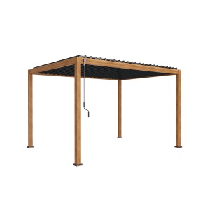 Leco Lamellenpergola Deluxe 3x4m in Holzoptik mit anthrazitfarbenen Lamellen.