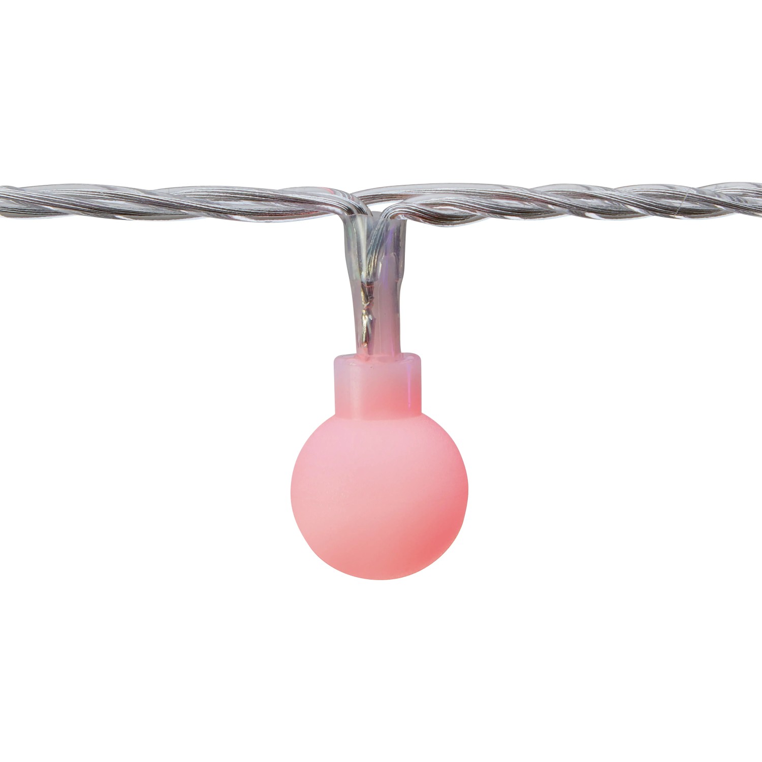Nahaufnahme: Rosa LED Lichterkette für Außen-Dekoration.
