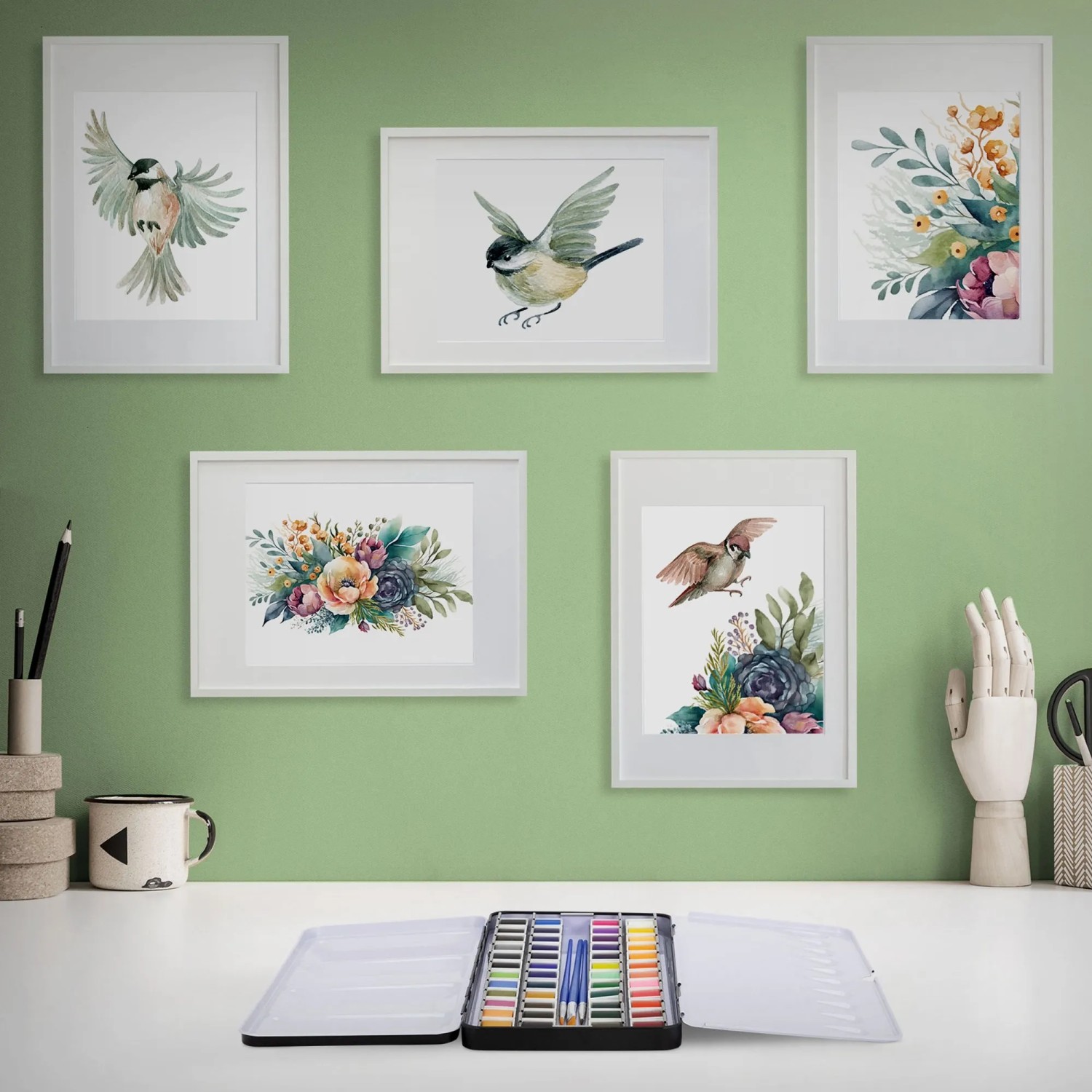 ECD Germany Aquarellfarben Set mit 48 Farben und Aquarellbildern an Wand.