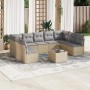 Beige 10-tlg. Garten-Sofagarnitur aus Rattan mit grauen Kissen und Tisch auf Terrasse.