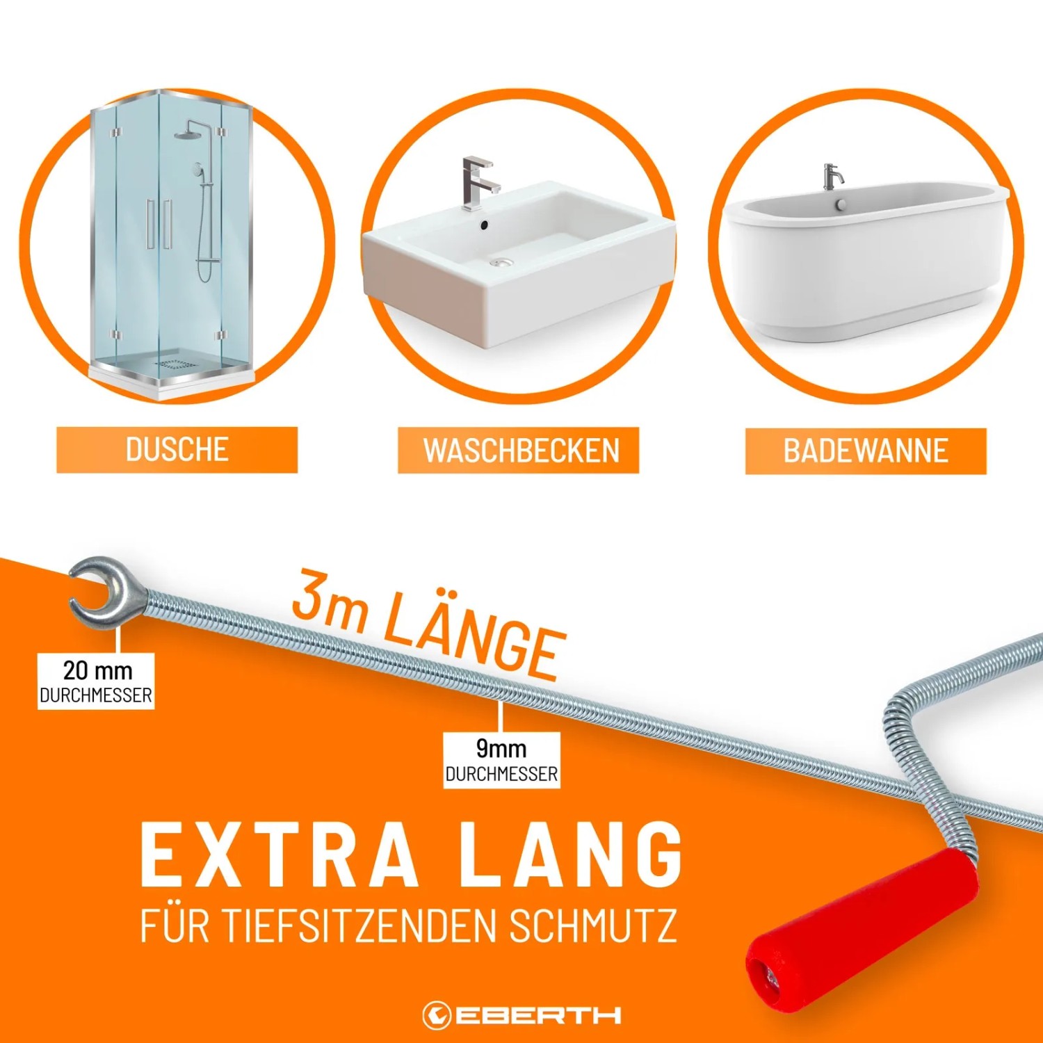 EBERTH Rohrreinigungsspirale, 3m lang, 9mm Durchmesser, mit Dusche, Waschbecken und Badewanne als Anwendungsbeispiele.