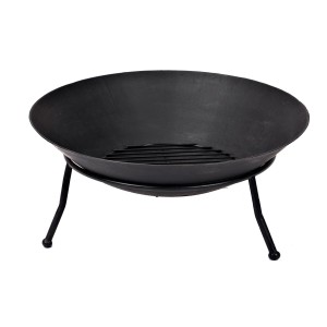 Schwarze CMI Feuerschale aus Gusseisen, Ø 56 cm, mit Ascherost und Ständer für Garten und Terrasse.