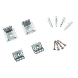 Spiegelklammerset: 4 silberne Halterungen, Schrauben und Dübel für die Spiegelmontage.