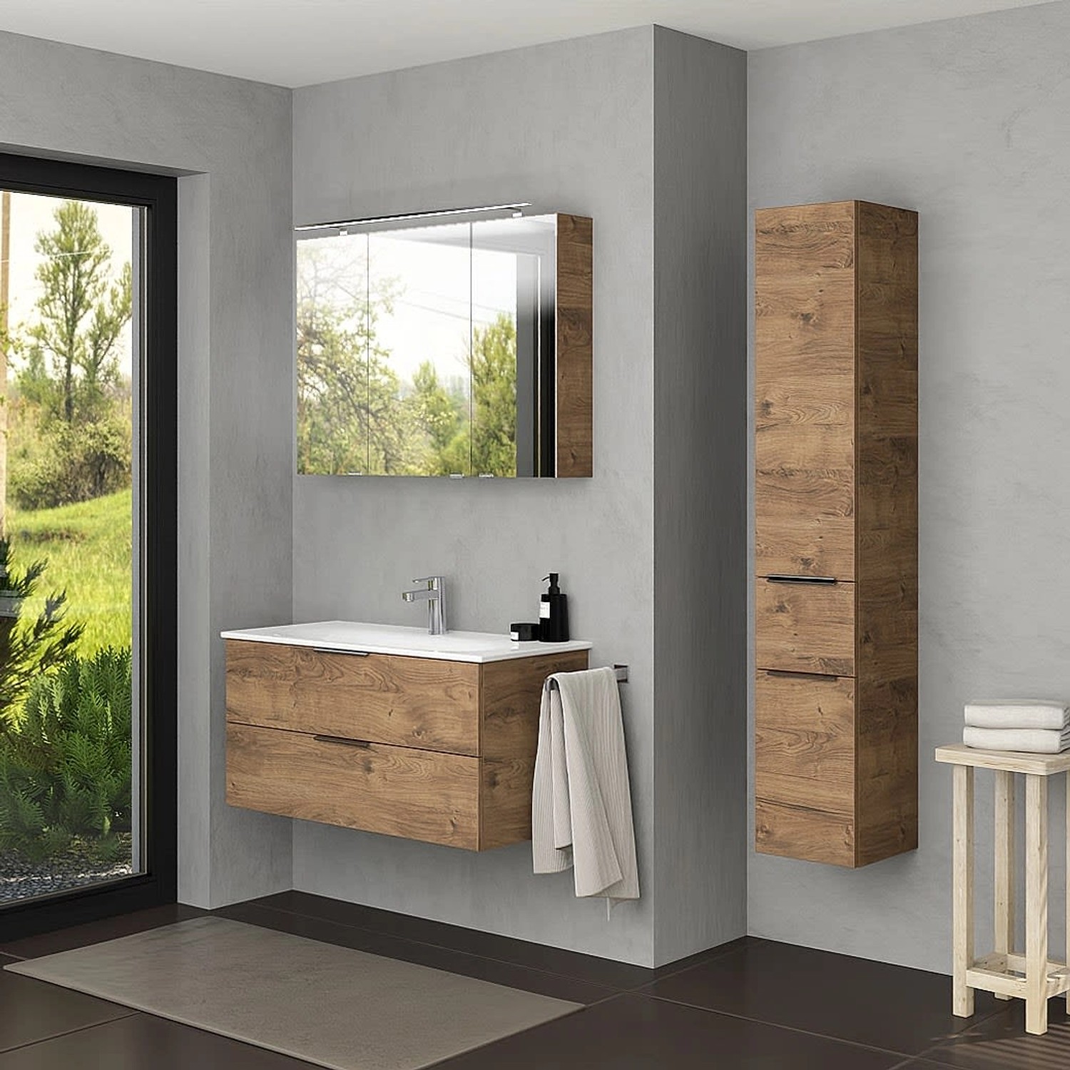 Steinkamp Waschtischunterschrank Living 2.0 Eiche mit GROHE Essence Waschtisch, 100 cm breit.