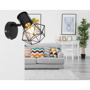 Schwarzer Globo Wandstrahler Priska mit E27 Fassung und Gitter-Design.