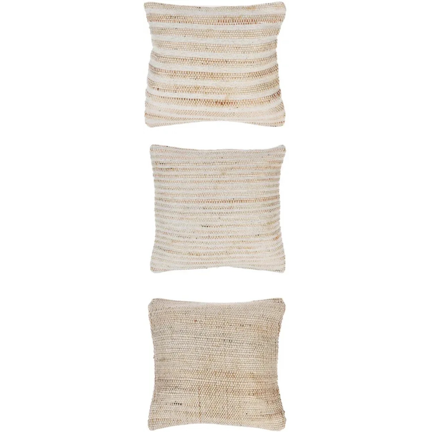 3 beige Kissen, 45x45 cm, verschiedene Designs aus Baumwolle und Jute.