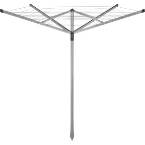 Zusammengeklappte, silberne Wäschespinne mit 40 m Leinenlänge und Erdspieß.