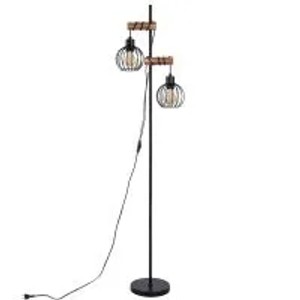 Schwarze Vintage Stehlampe aus Metall und Holz mit zwei E27-Fassungen und Käfigschirmen für Wohnzimmer.