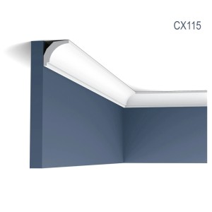 Weiße ORAC DECOR CX115 Eckleiste als Zierleiste an einer blauen Wand.