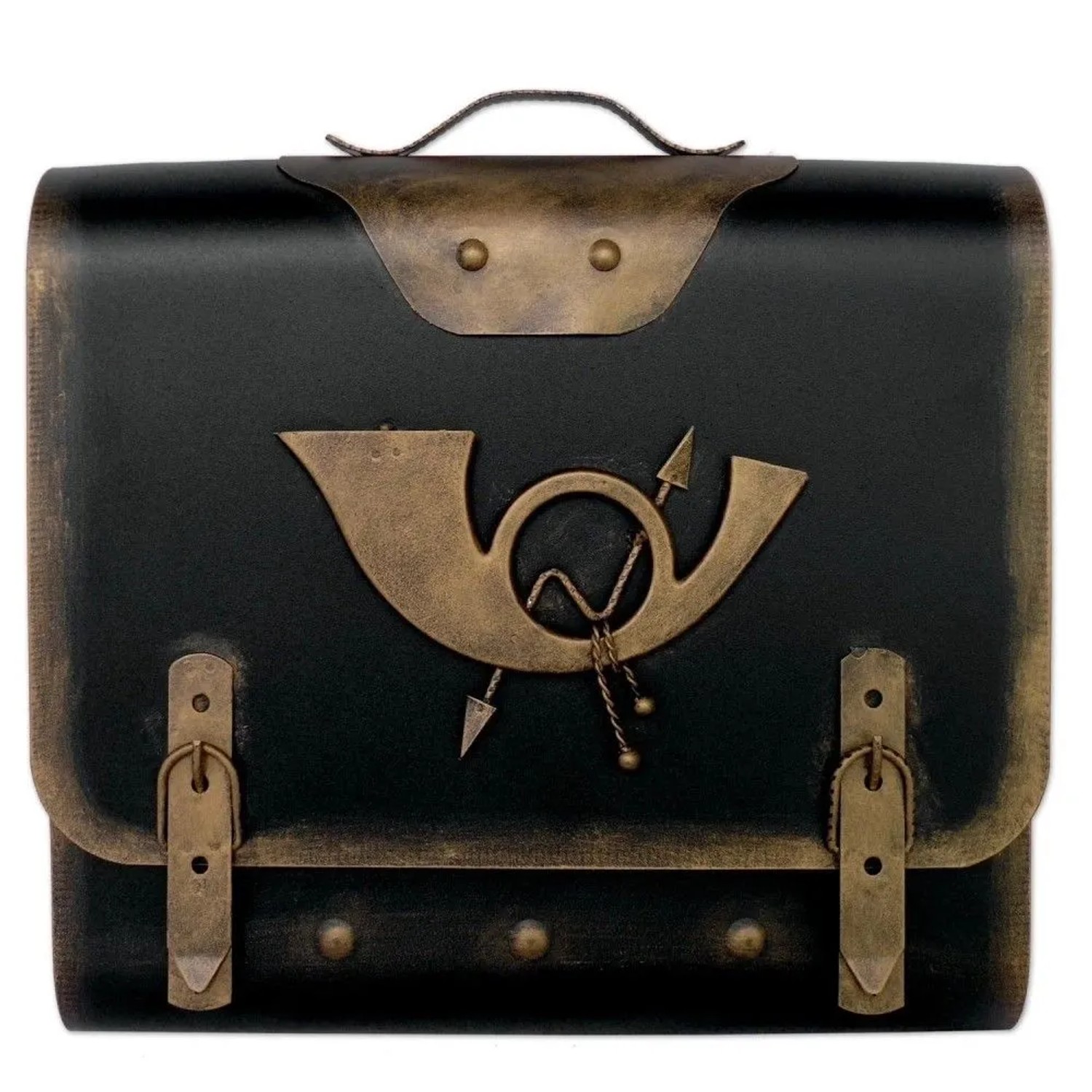 HMF 511-23 Briefkasten Alter Schulranzen mit Posthorn 40 x 40 x 9 cm Gold