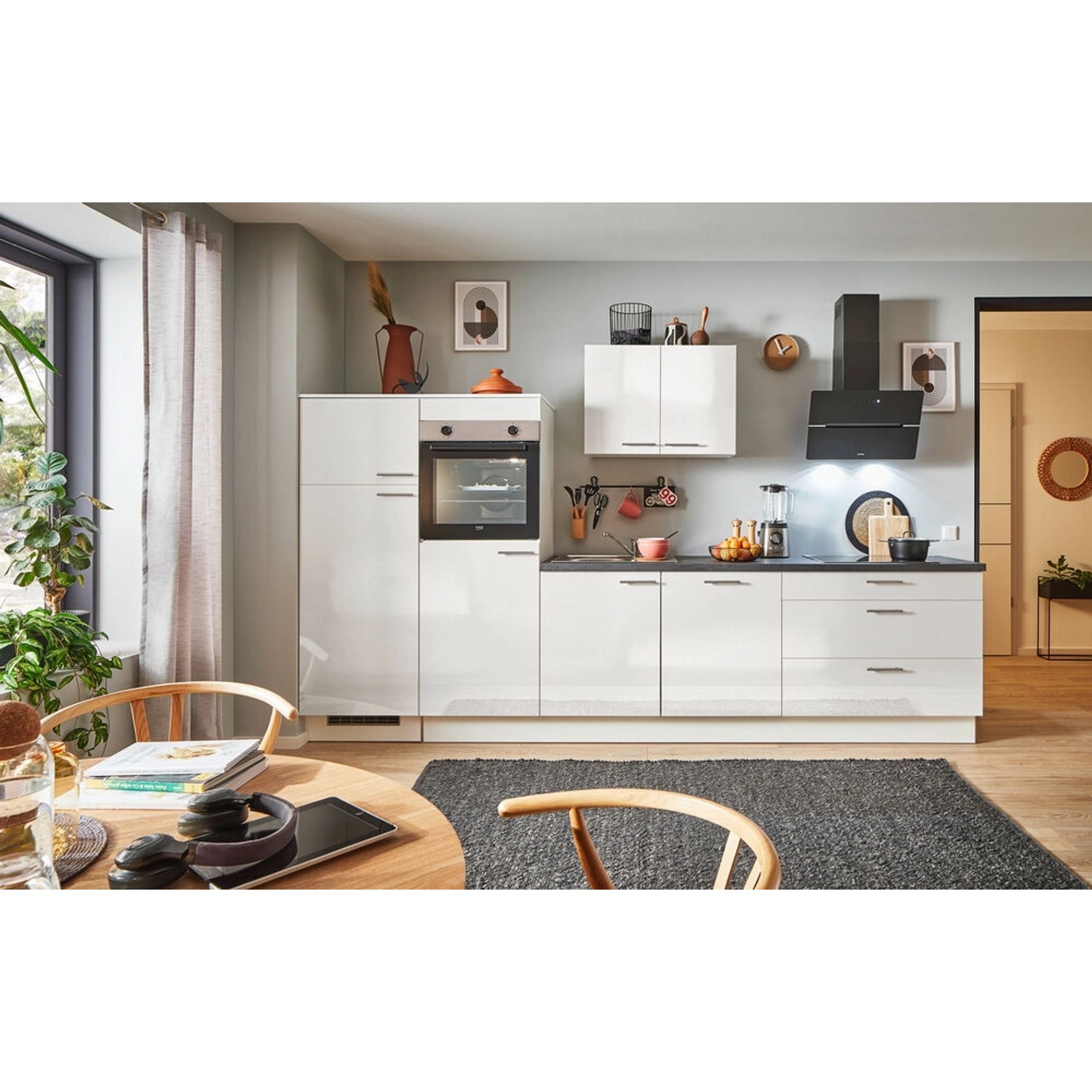 pino Küchenzeile 330 cm Weiß Hochglanz Anschlag,inks 2 Geräteschränke günstig online kaufen