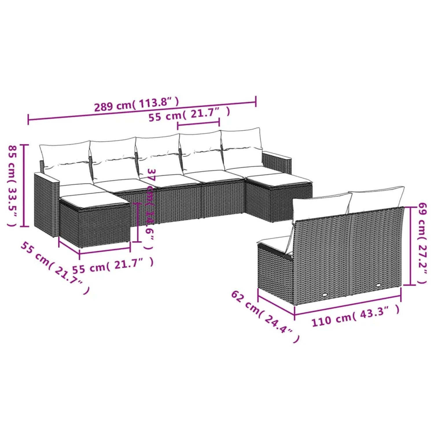 vidaXL 9-tlg. Garten-Sofagarnitur beige Poly Rattan mit Maßen.