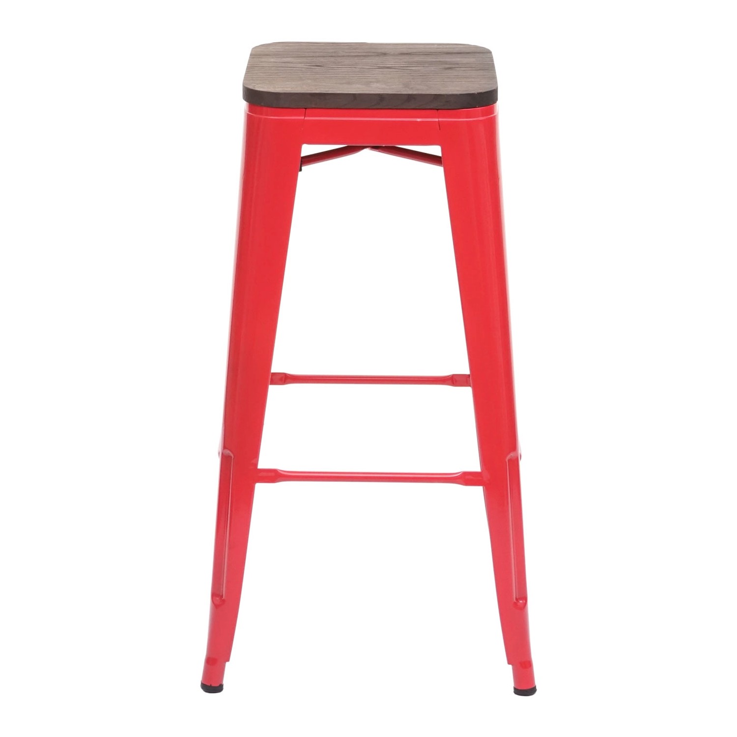 Roter MCW Barhocker A73 mit Holz-Sitzfläche, stapelbarer Metall-Hocker.