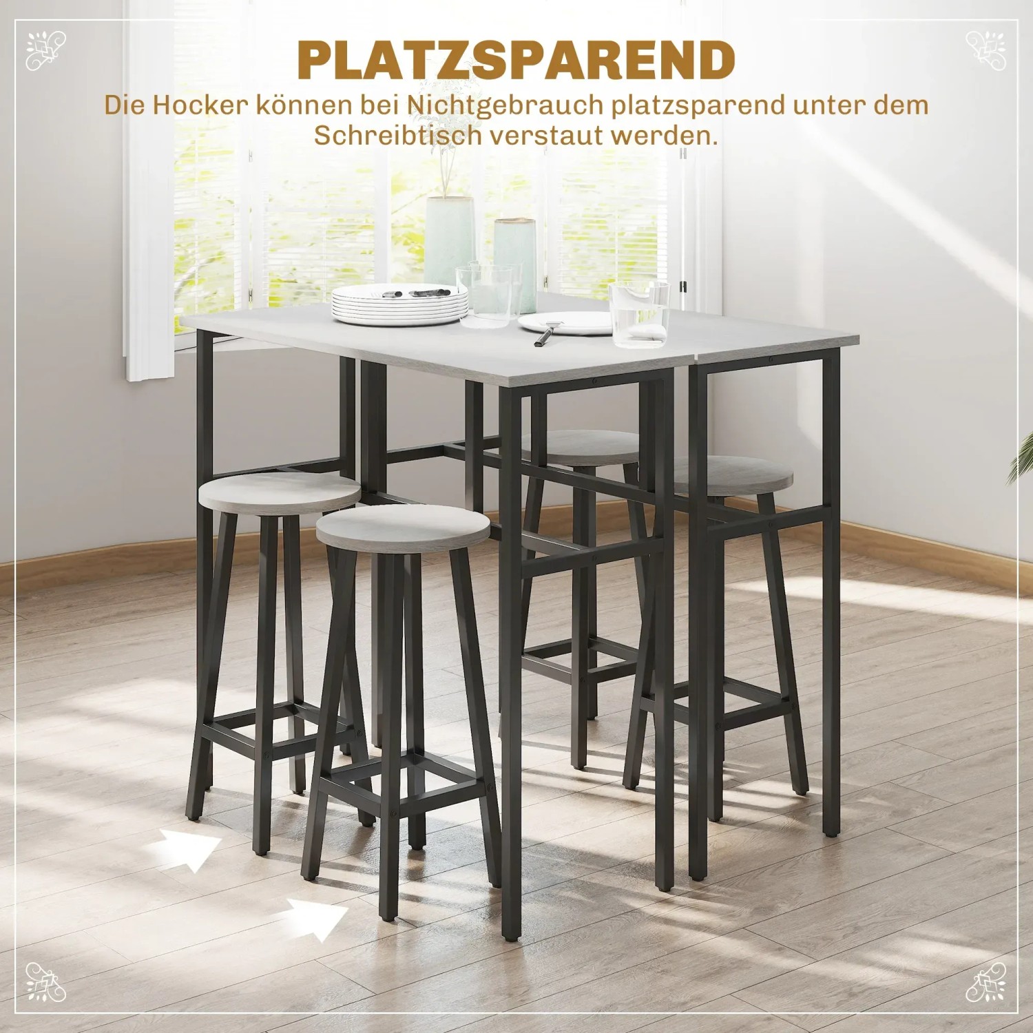HOMCOM Bistrotisch-Set mit 2 Tischen und 4 Hockern, grau-schwarz, platzsparend verstaubar.