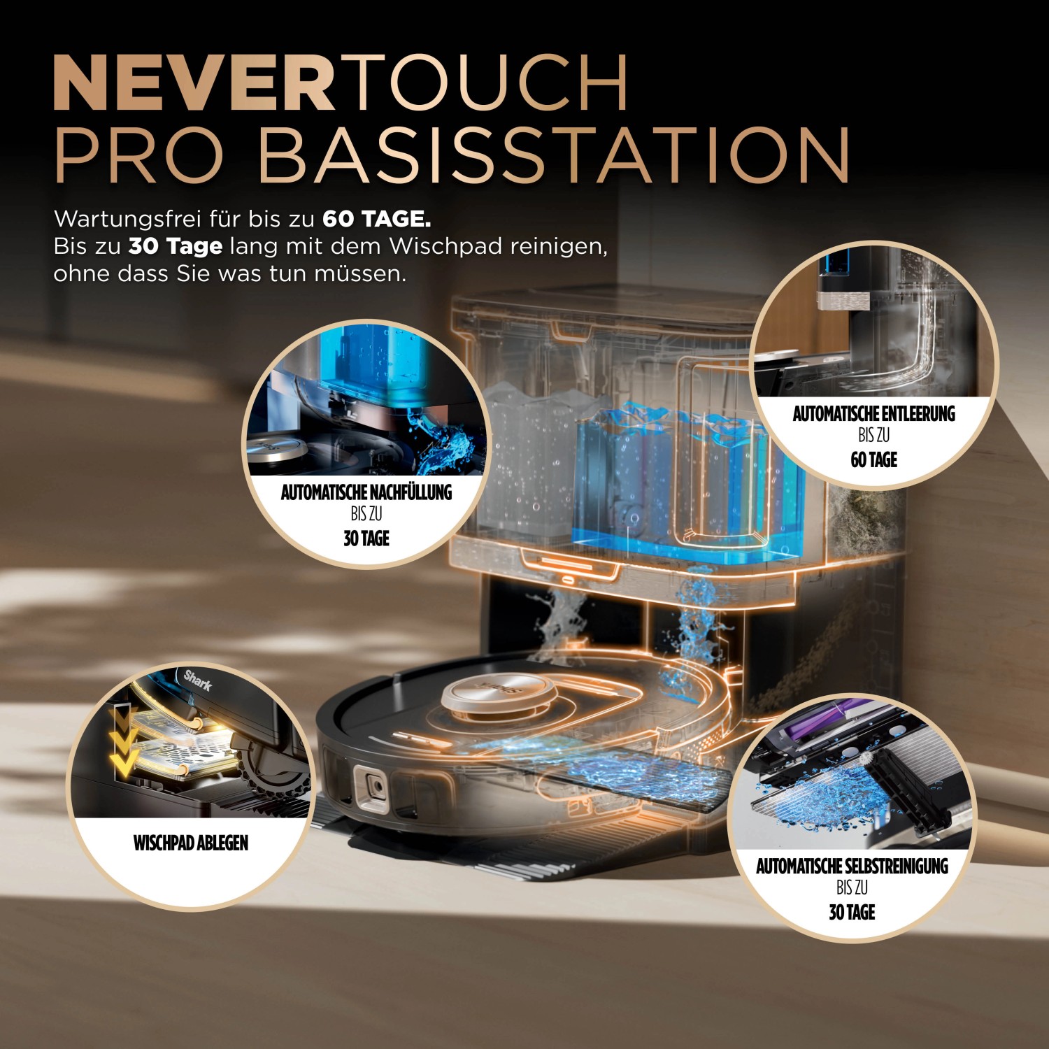 Shark Saug- und Wischroboter mit NeverTouch Basisstation zur Selbstentleerung und -befüllung.