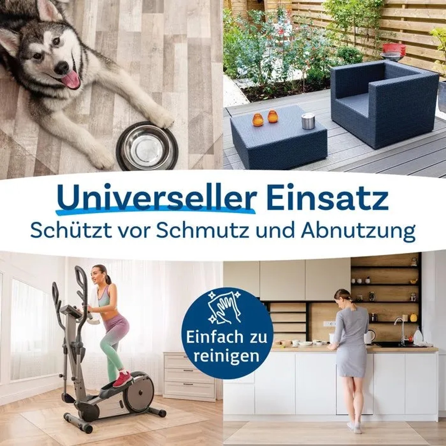 Floordirekt Bodenschutzmatte transparent für Hartböden in verschiedenen Anwendungsszenarien.