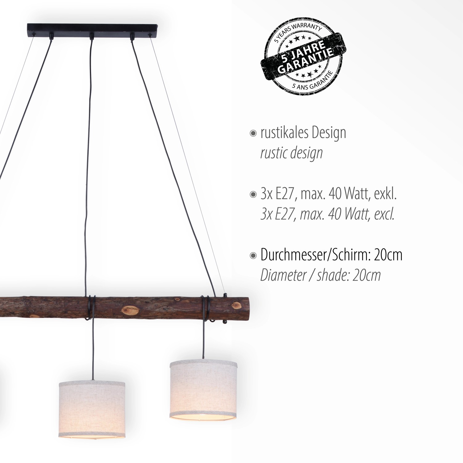 Rustikale Pendelleuchte Bark mit Holzdekor und drei beigen Lampenschirmen.