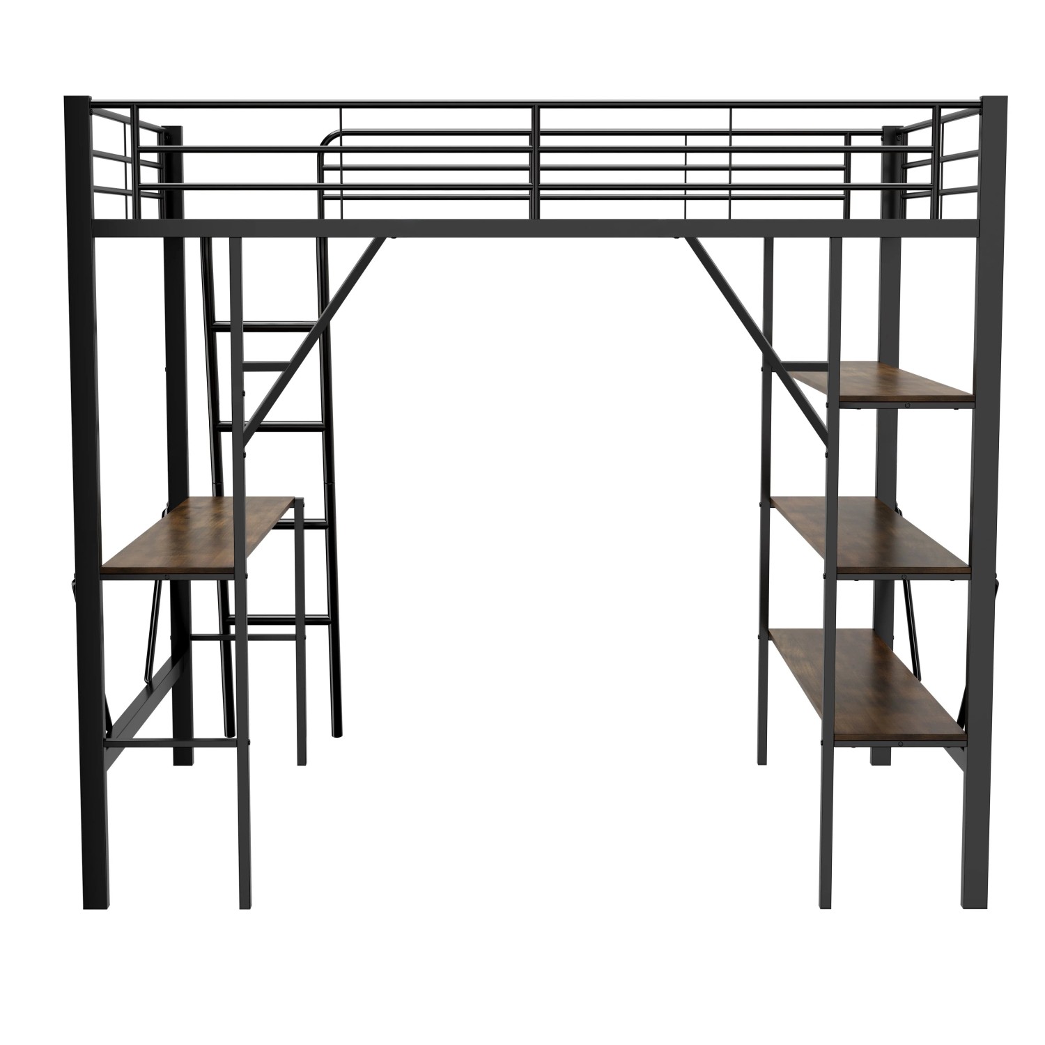 okwish Eisenbett 90×200 mit Schreibtisch und Drei Großen Ablagen ohne Matratze
