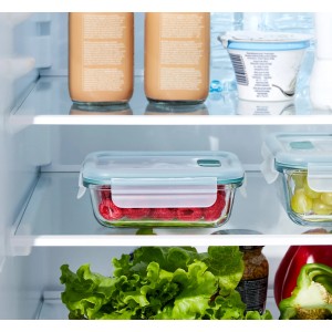 Rotho Kühlschrankdose Nala mit grünem Deckel im Kühlschrank, gefüllt mit Himbeeren.