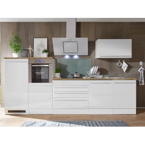 Respekta Premium Küchenzeile BERP320HWWC, 320 cm, Weiß Hochglanz mit E-Geräten.