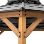 Detailansicht Sunjoy Gazebo Eggi Zedernholz Anthrazit, Pavillon mit Holzrahmen und anthrazitfarbenem Dach.