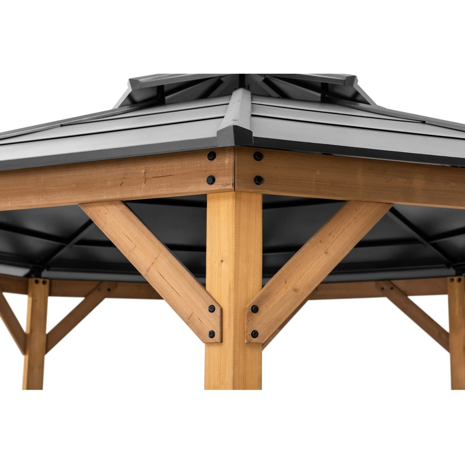 Detailansicht Sunjoy Gazebo Eggi Zedernholz Anthrazit, Pavillon mit Holzrahmen und anthrazitfarbenem Dach.