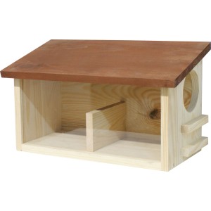 Eichhörnchen-Futterhaus aus Pinie mit braunem Dach und zwei Futterkammern.