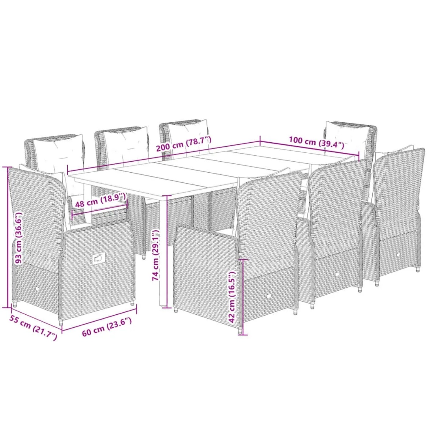 9-teilige, hellgraue Garten-Essgruppe aus Polyrattan mit Tisch und 8 Stühlen mit Kissen.