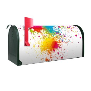 Grüner Banjado US Briefkasten mit bunten Farbspritzern als Motiv, Stahl pulverbeschichtet.