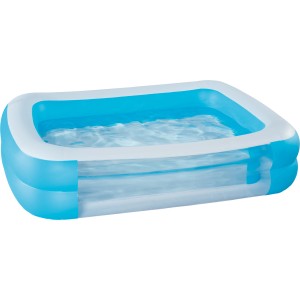 Blau-weißer Family Pool mit Sichtfenster, rechteckig und mit Wasser gefüllt.