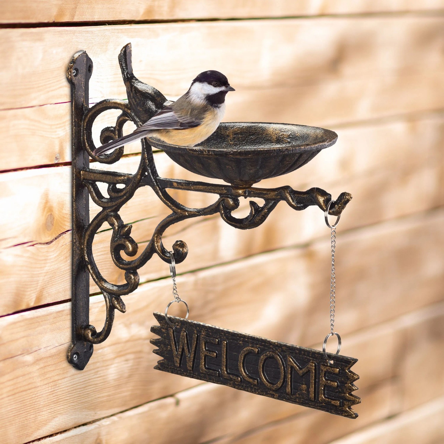 Relaxdays Vogeltränke Gusseisen Bronze Wetterfest mit Welcome Schild 25 cm x 22,5 cm x 13,5 cm 1,35 kg_2