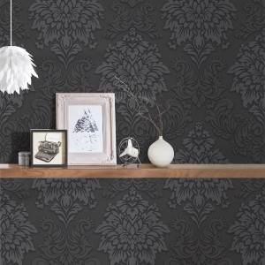Bricoflor Barock Tapete in Schwarz/Anthrazit mit Glitzer-Effekt und Ornament-Muster.