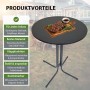 Anthrazitfarbener, klappbarer TRUTZHOLM Stehtisch aus Stahl, Ø 80 cm, mit Speisen dekoriert.