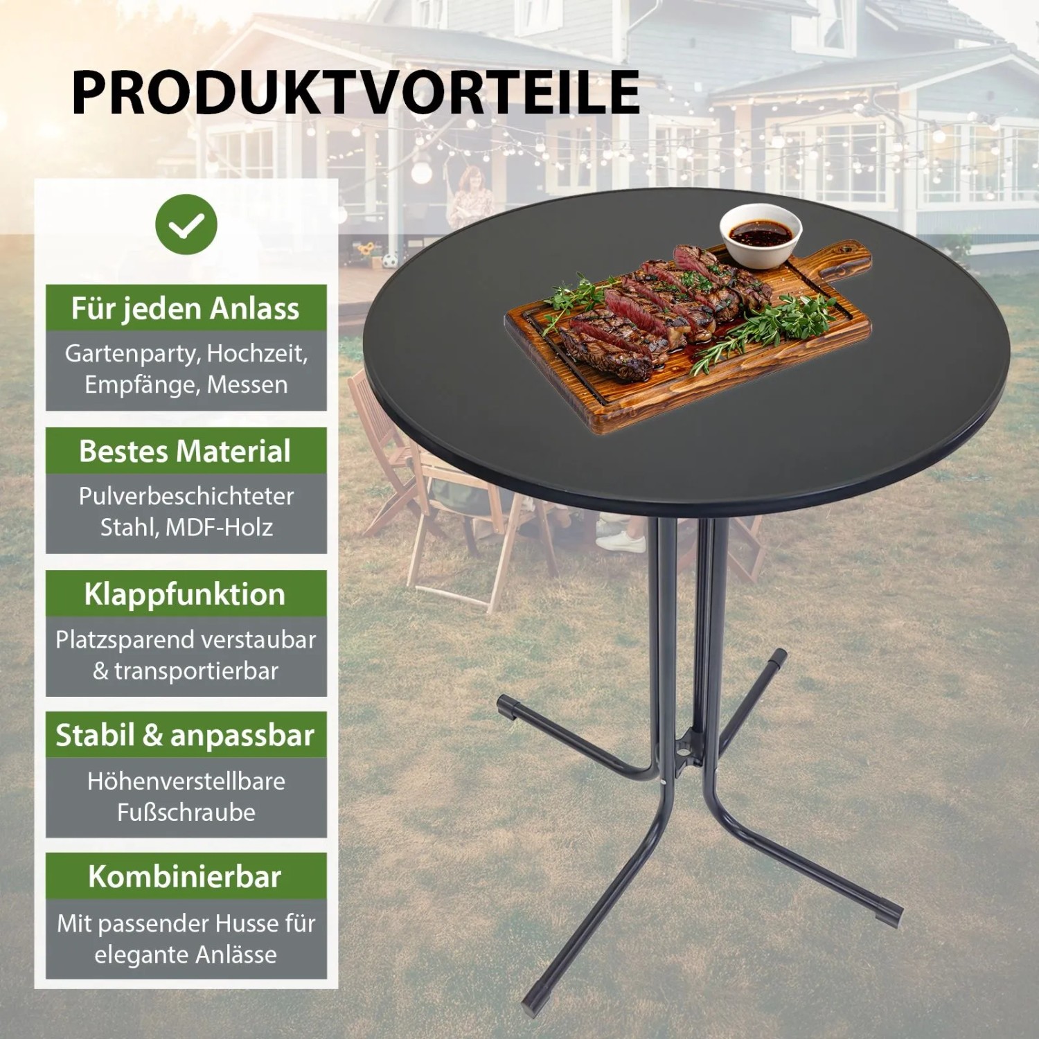 Anthrazitfarbener, klappbarer TRUTZHOLM Stehtisch aus Stahl, Ø 80 cm, mit Speisen dekoriert.