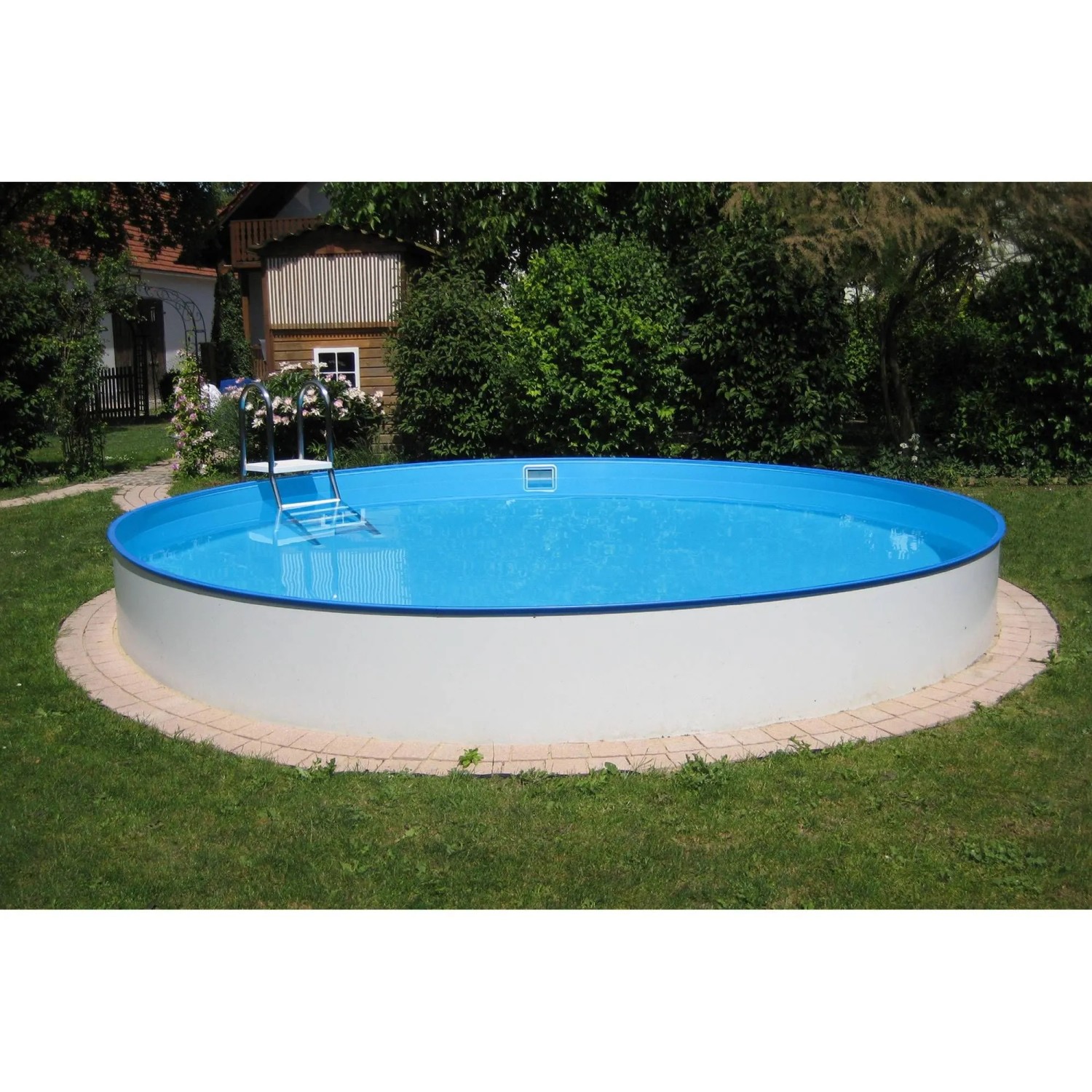 Summer Fun Stahlwandpool-Set Bahrain, Ø 350x150 cm, Aufstellbecken mit Leiter im Garten.