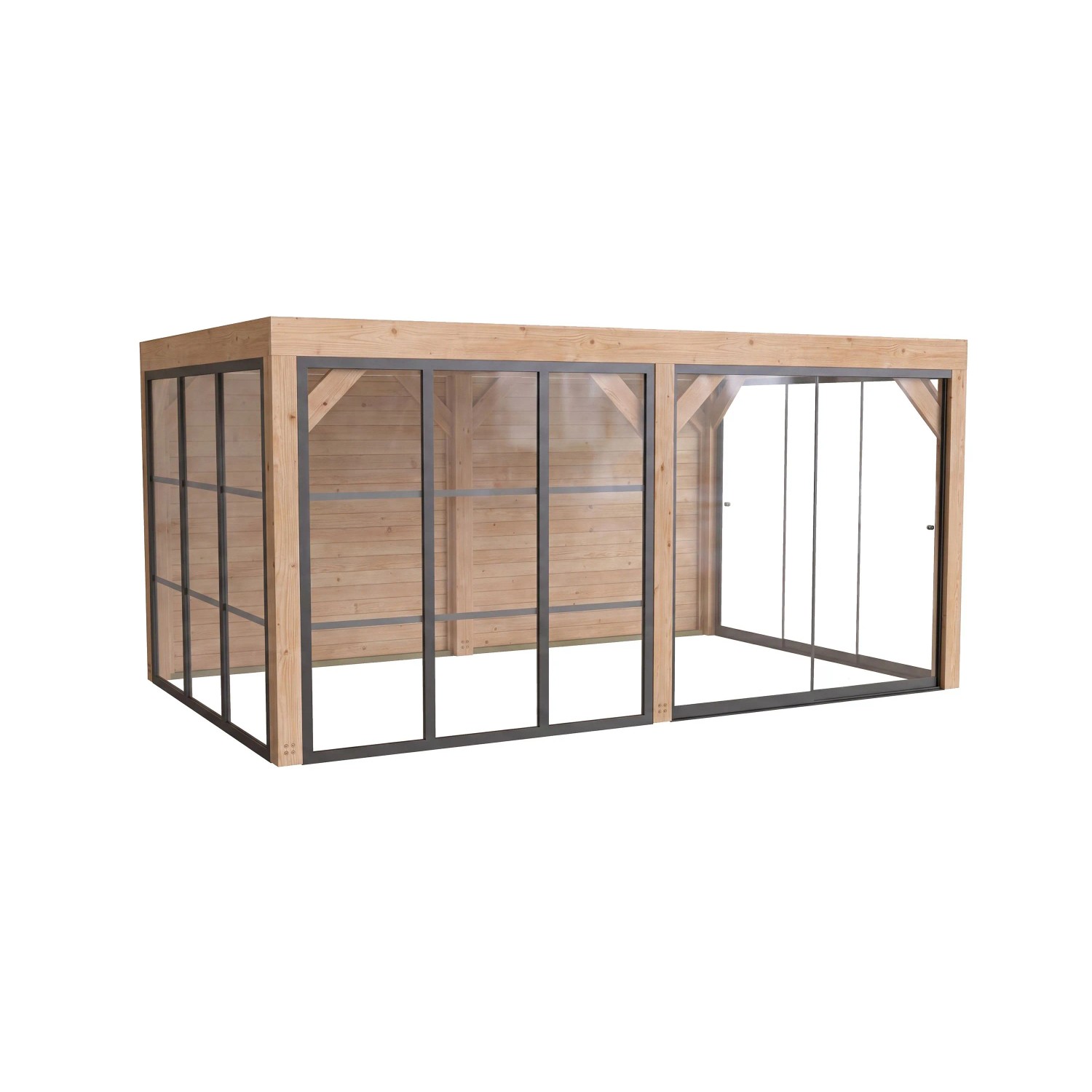Moderne weka Gartenlaube Lumley aus Fichte mit Flachdach, Glas-Schiebetüren und Holzwänden. Ideal als Terrassenüberdachung.