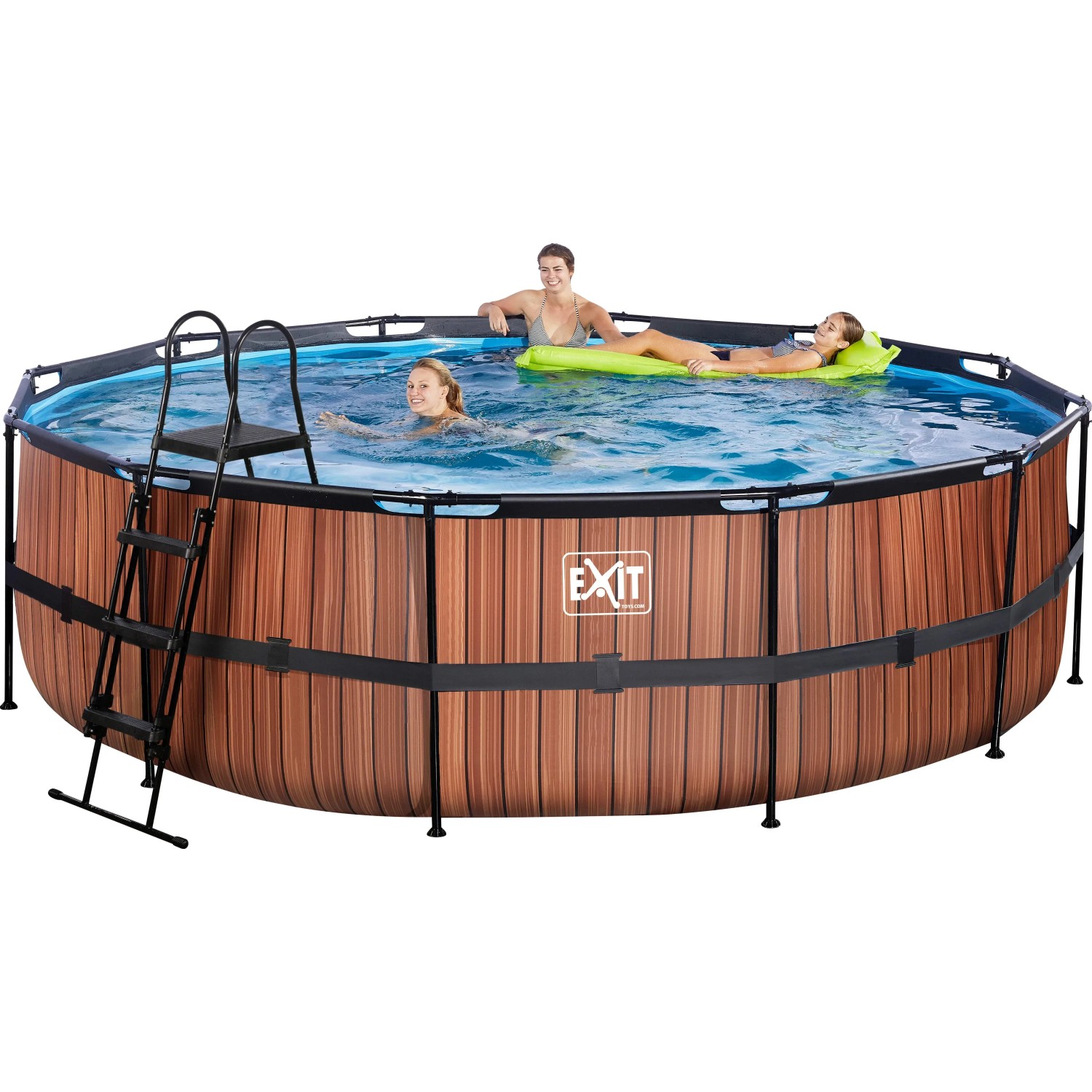 EXIT Wood Pool, braun, ø 488x122 cm mit Sandfilterpumpe und Poolleiter. Stahlrahmenpool mit Holzoptik.
