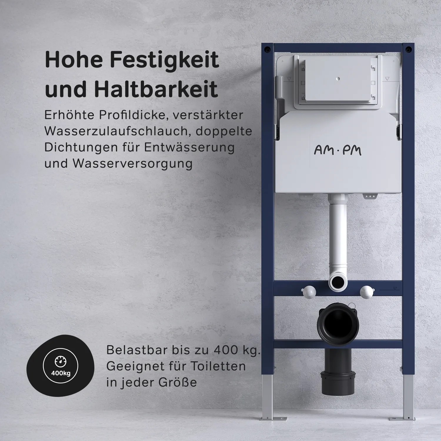 Blaues AM.PM WC Vorwandelement mit Spülkasten. Belastbar bis 400 kg für die Wand-WC Installation.
