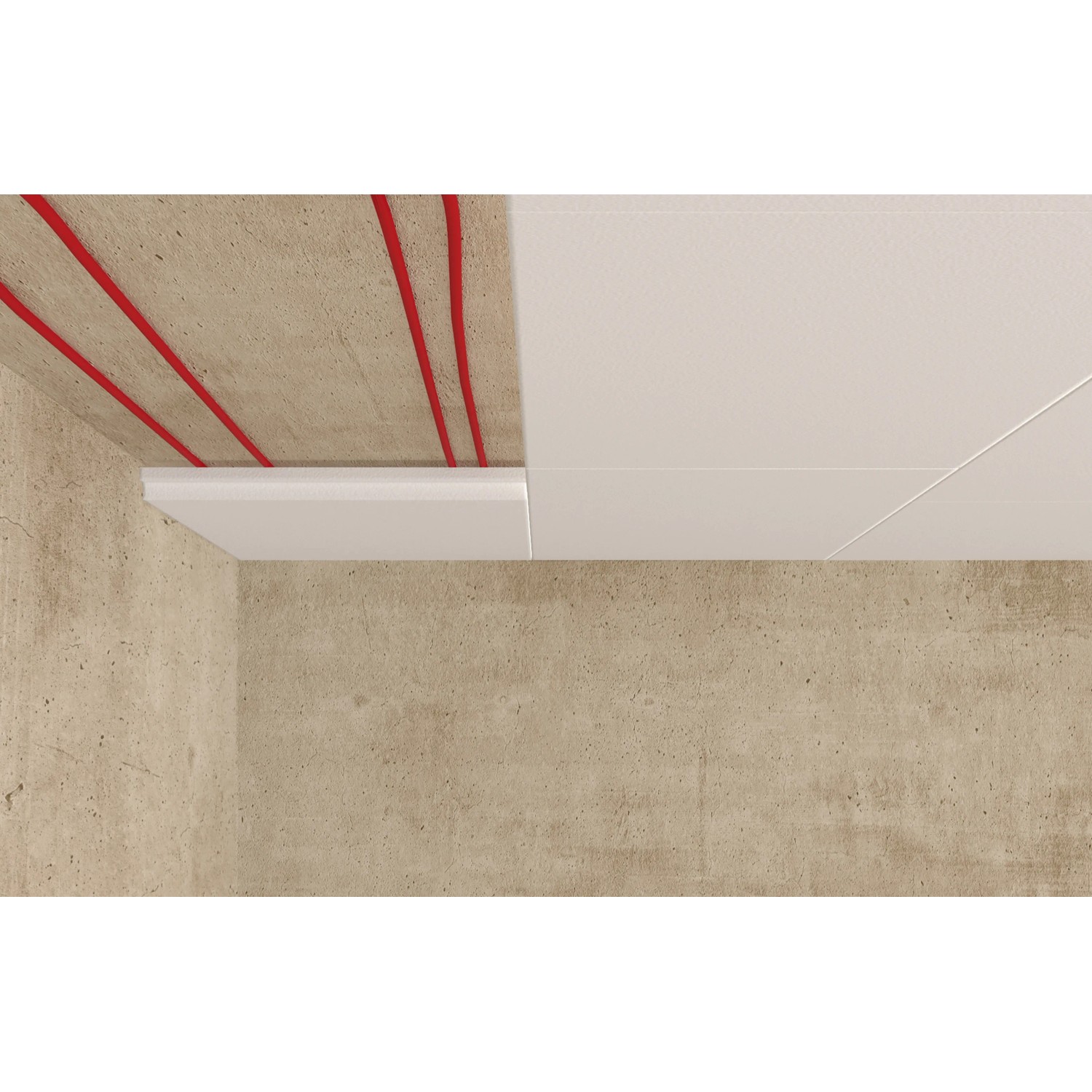 Anwendung von Fischer Montagekleber High Tack AC, weiße Paneele an Wand und Decke verklebt.