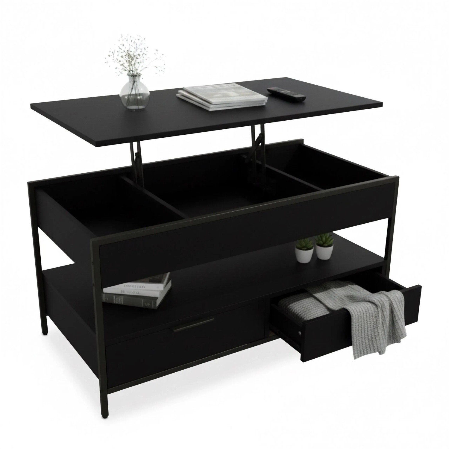 Relaxdays Couchtisch Holzwerkstoff Eisen Schwarz mit Stauraum Höhenverstellbar Ausklappbar 48 bis 63 cm x 100 cm x 40 cm 27 kg