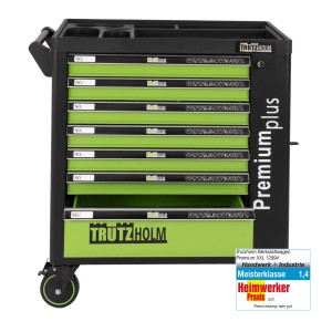 TRUTZHOLM Werkzeugwagen Premium Plus, leer, mit 7 Schubladen in Schwarz und Grün.