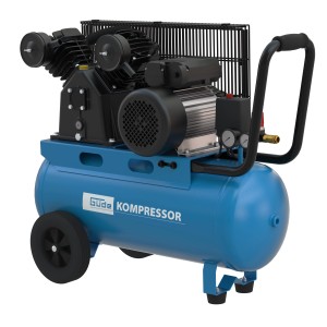 Blauer Güde Kompressor 415/10/50 mit zwei Zylindern, Riemenantrieb und Manometer.