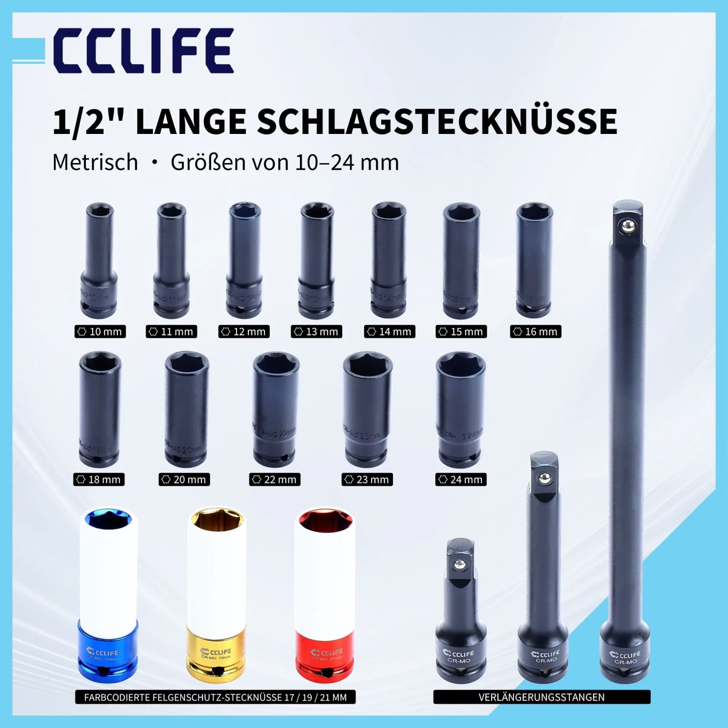 CCLIFE 18-tlg. 1/2 Zoll Schlagschrauber Nüsse Set: lange Stecknüsse 10-24mm, farbige Radschraubnüsse, Verlängerungen.