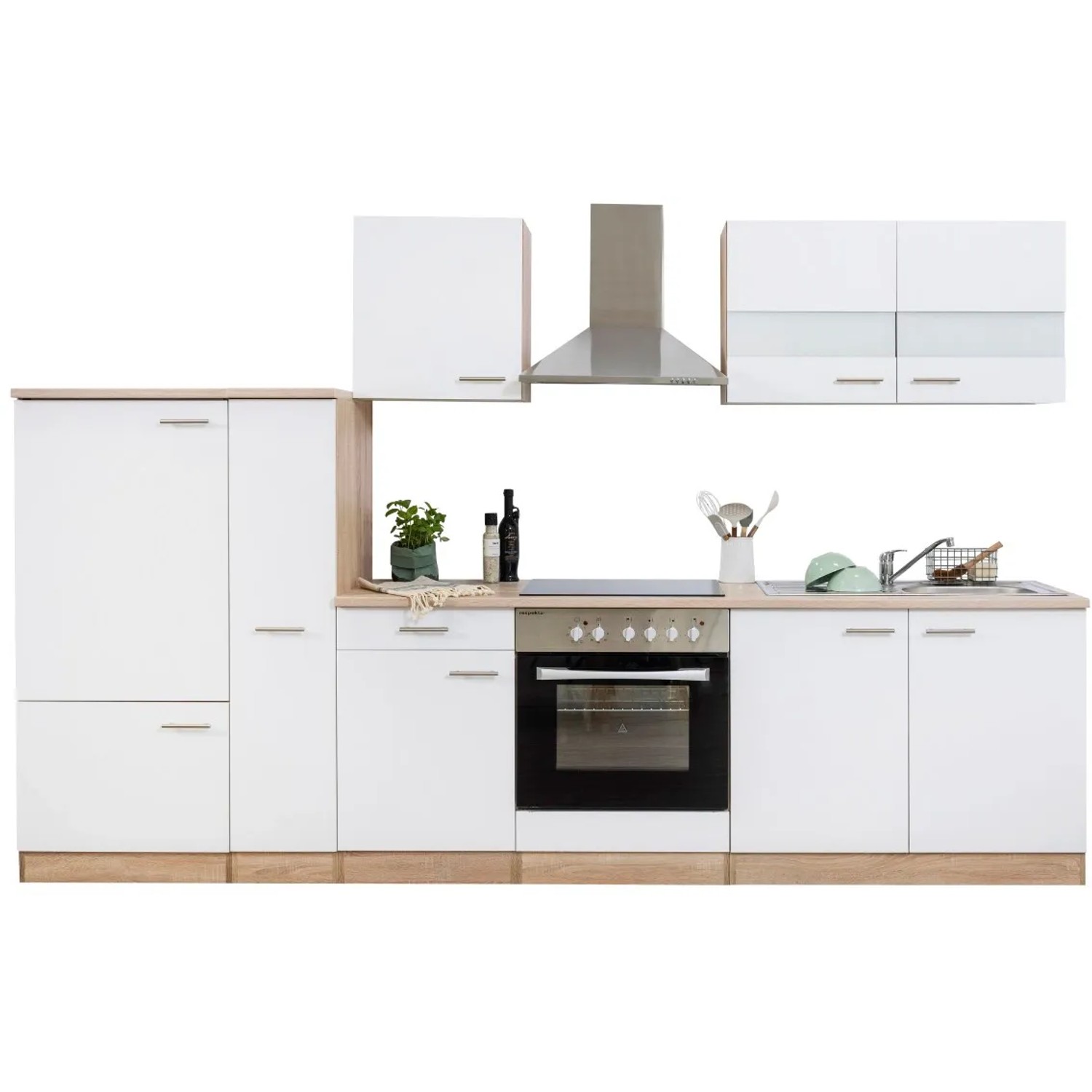 Respekta Küchenzeile KB300ESWC, 300 cm, Weiß und Eiche Sägerau Nachbildung, mit E-Geräten.