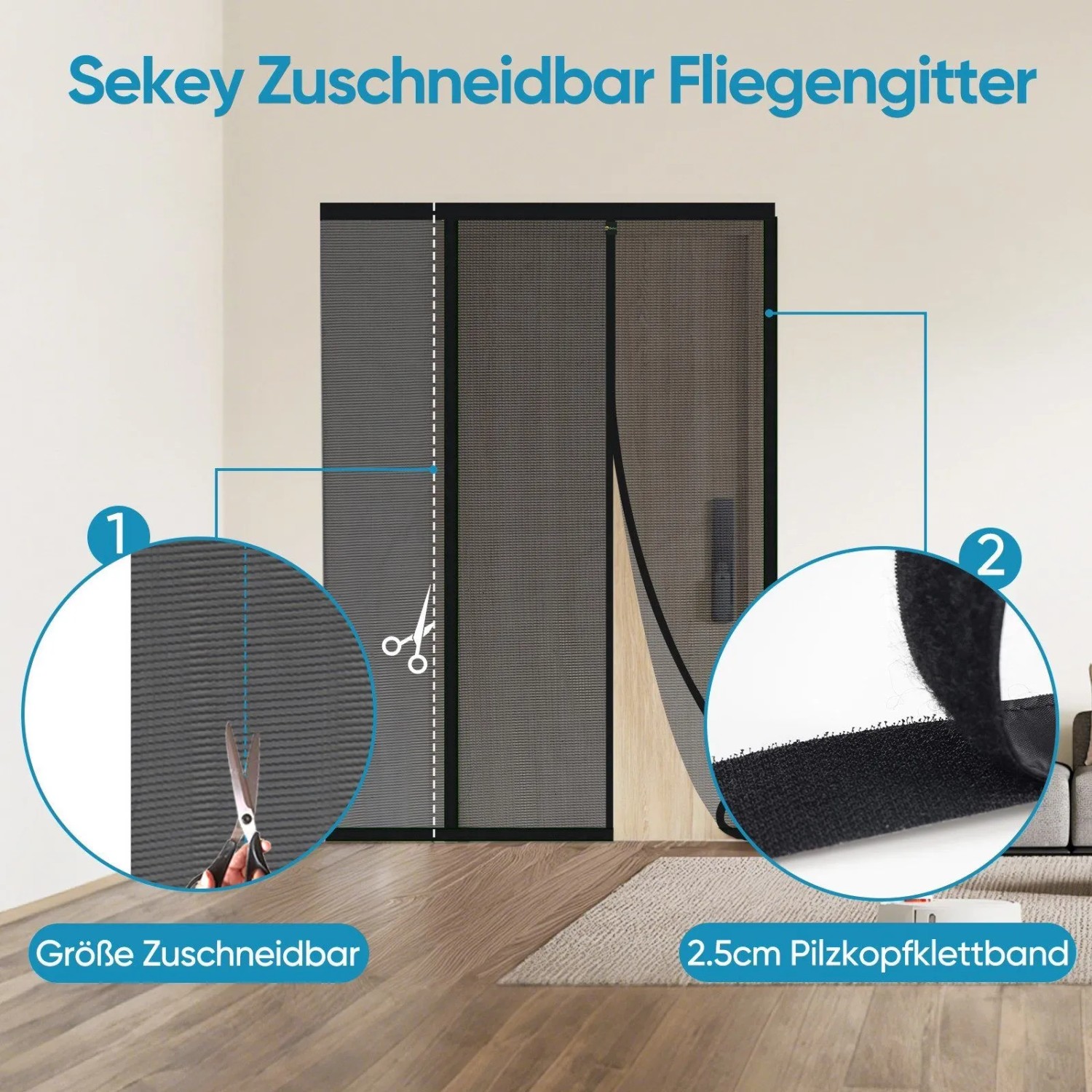 Schwarzes Sekey Fliegengitter Tür, zuschneidbar, mit Magnetverschluss und Klettmontage. Effektiver Insektenschutz.