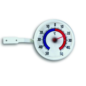 Weißes TFA Fensterthermometer mit Skala in rot und blau und Befestigung.