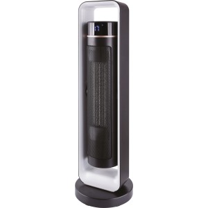 Schwarzer Turmheizer Keramik 2,2 kW mit digitalem Thermostat und Fernbedienung.